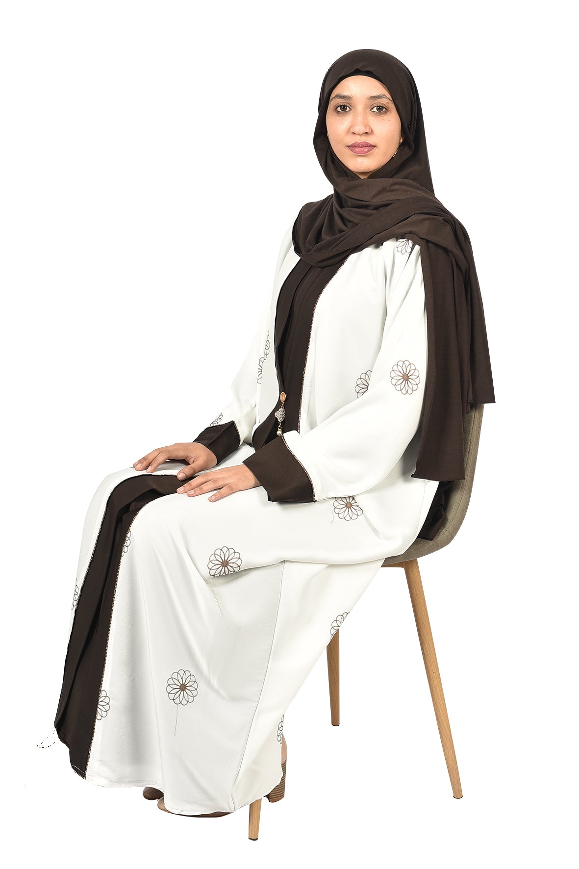 White Floral Embroidered Abaya with Brown Accents (ladies abaya )