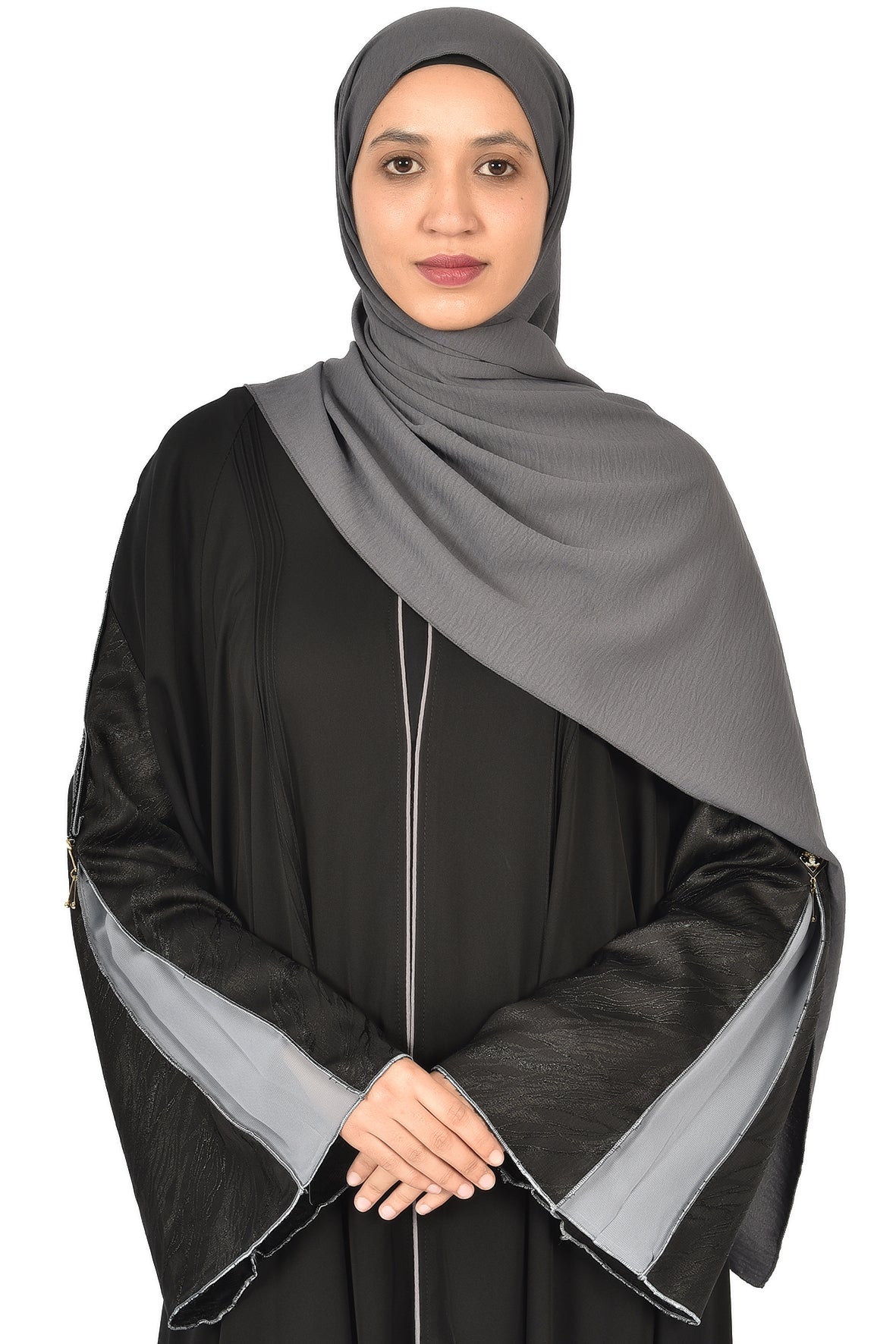 Black Abaya with Grey Panel Sleeves and Leather Touch (ladies abaya)