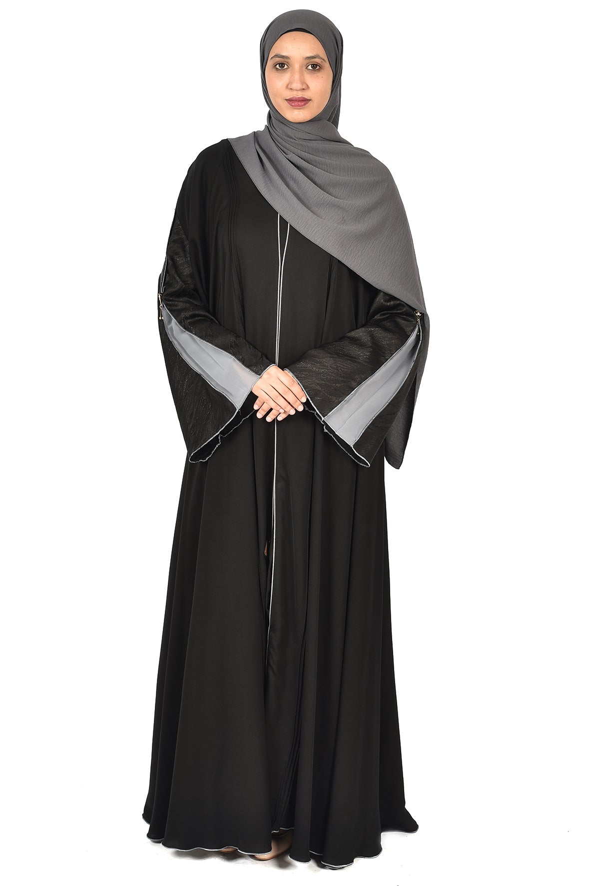 Black Abaya with Grey Panel Sleeves and Leather Touch (ladies abaya)
