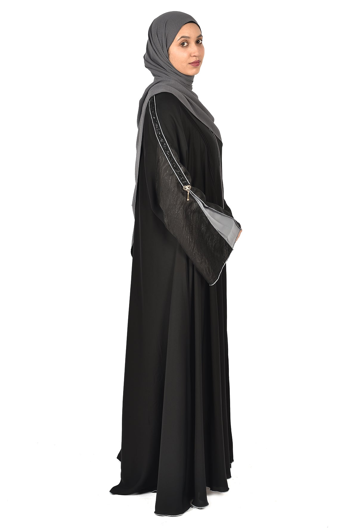 Black Abaya with Grey Panel Sleeves and Leather Touch (ladies abaya)