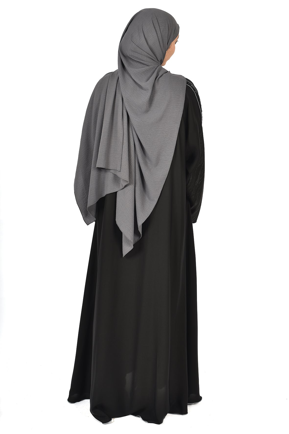Black Abaya with Grey Panel Sleeves and Leather Touch (ladies abaya)