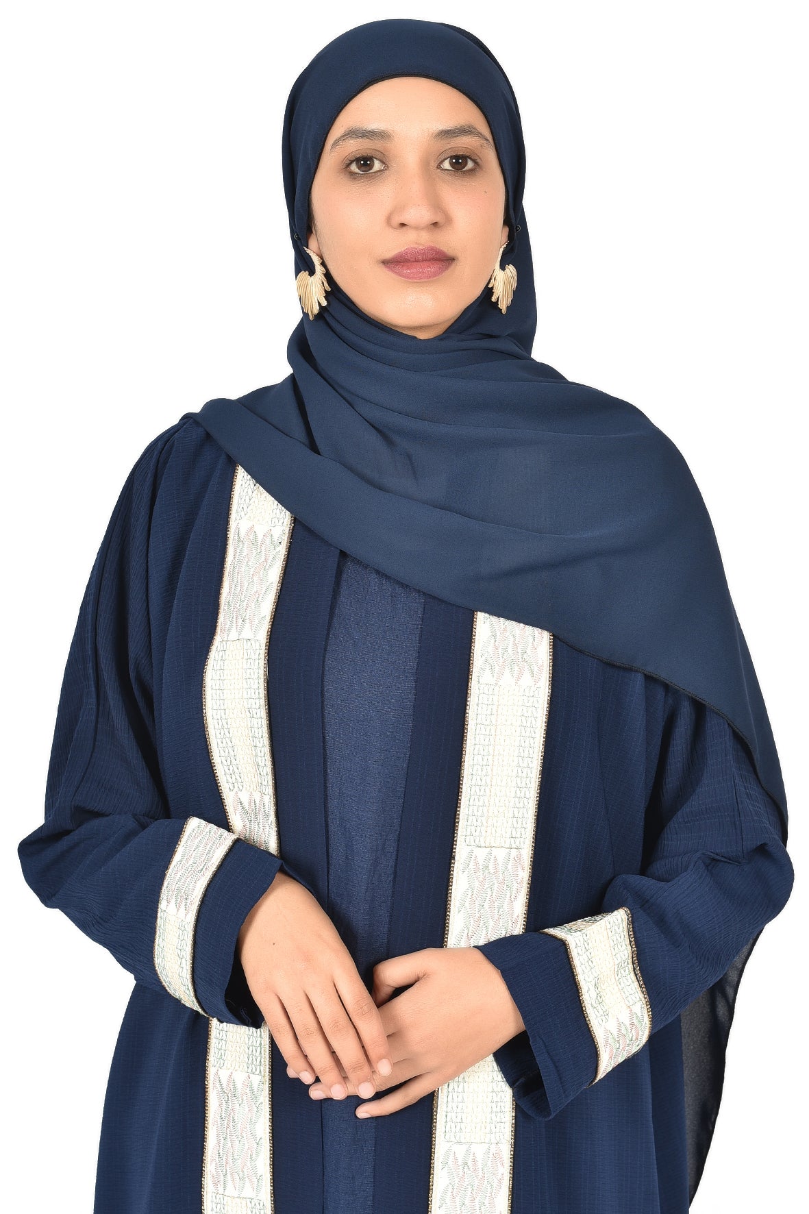 Navy Blue Abaya with Elegant White Embroidered Trim (ladies abaya )