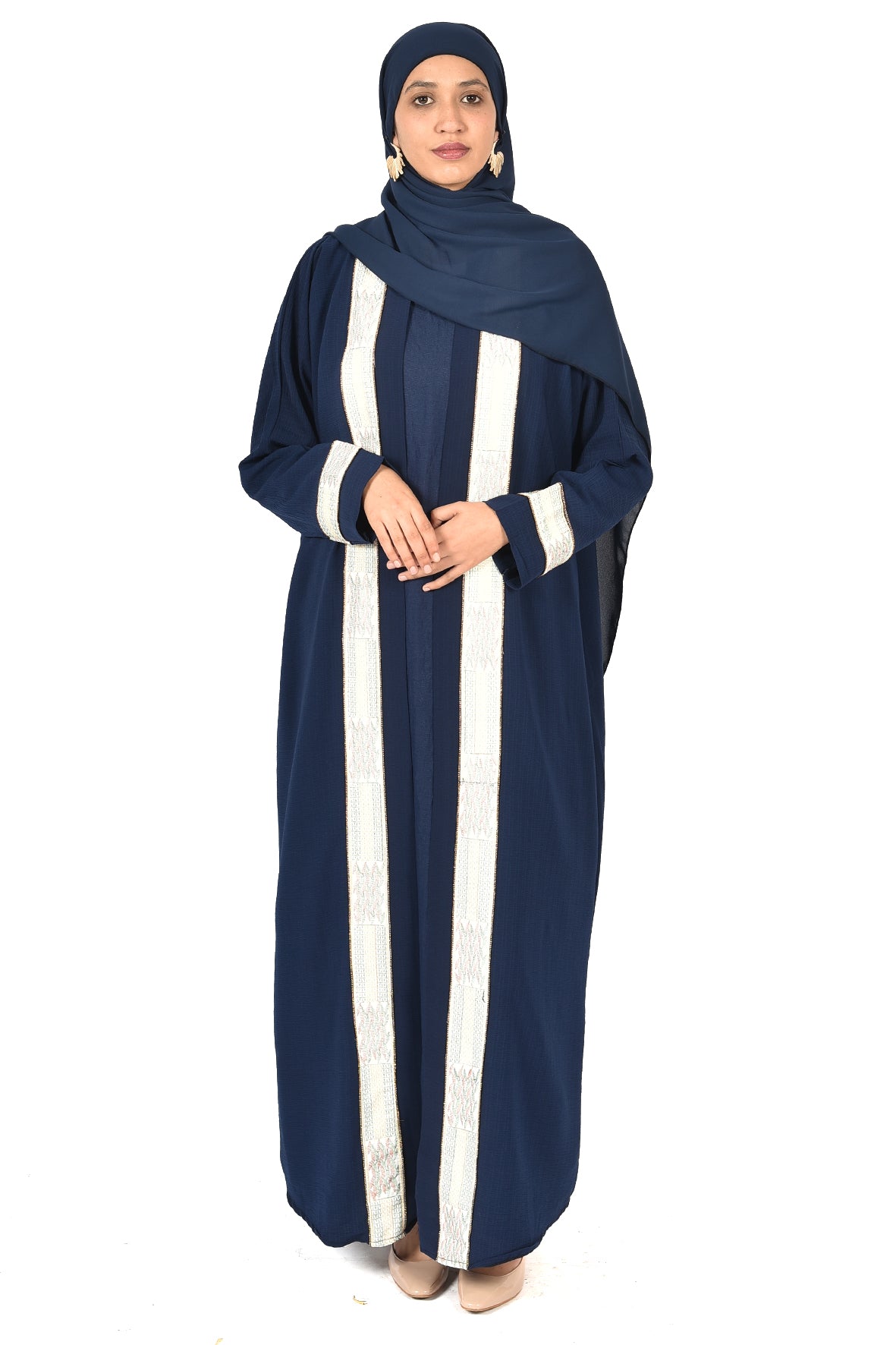 Navy Blue Abaya with Elegant White Embroidered Trim (ladies abaya )