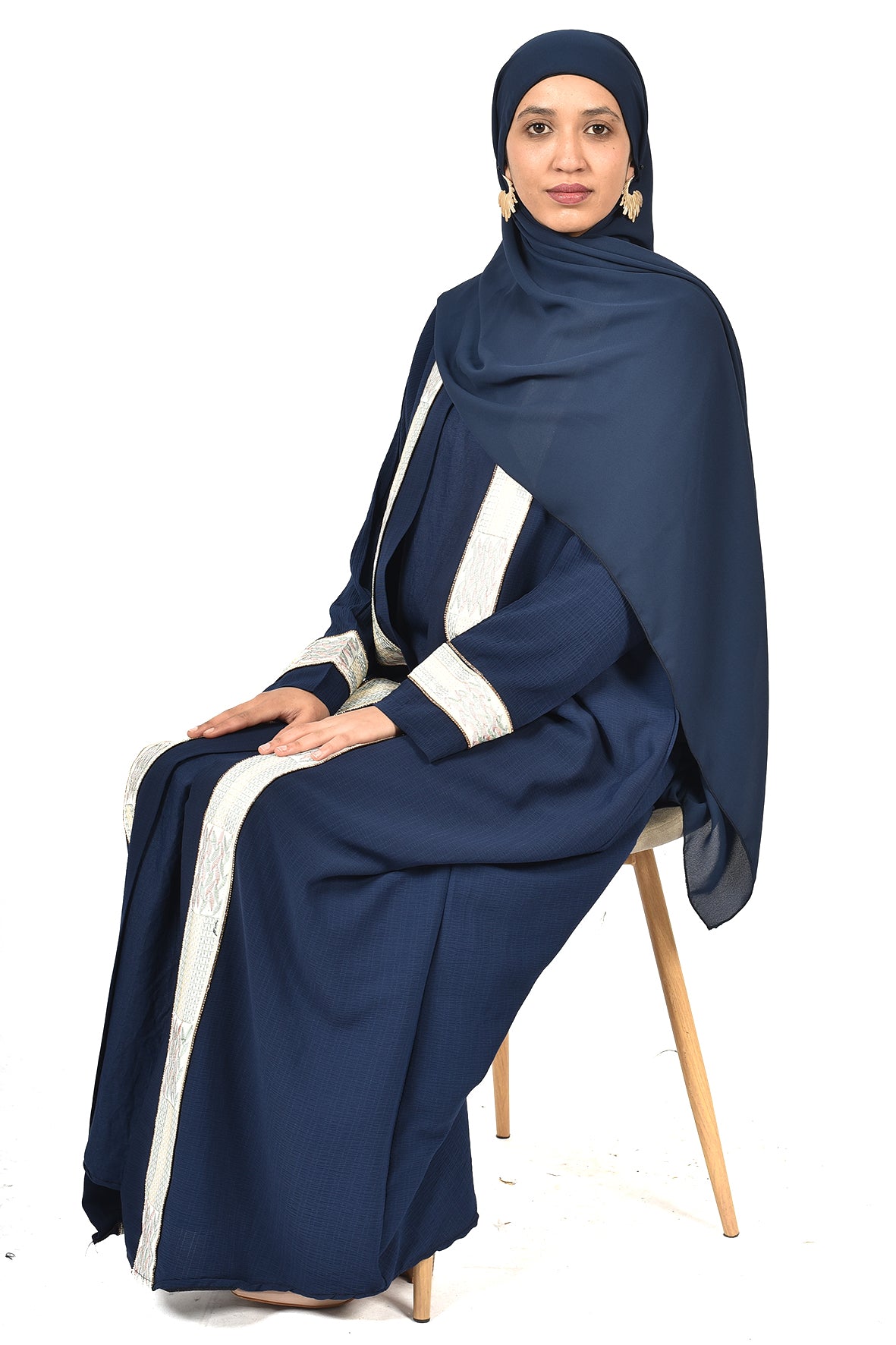Navy Blue Abaya with Elegant White Embroidered Trim (ladies abaya )