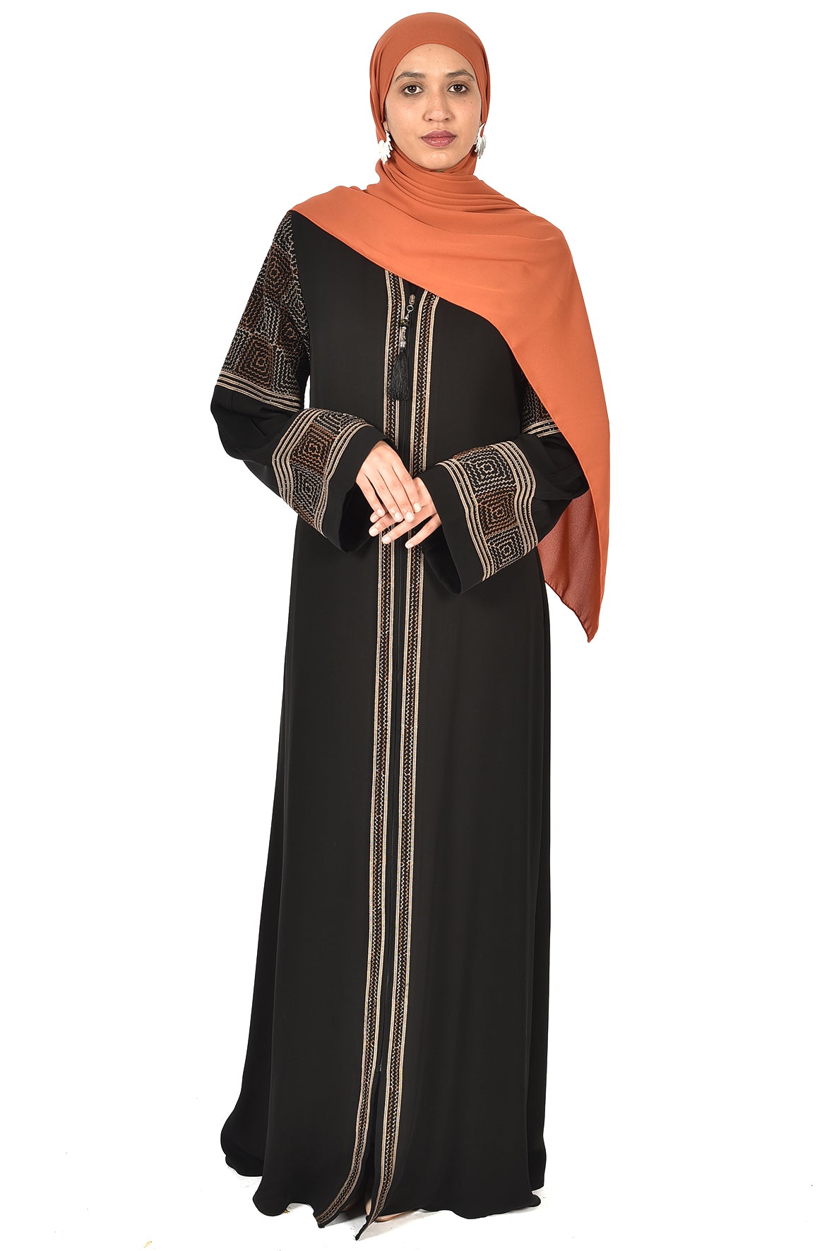 Black Abaya with Bronze Embroidery and Wide Sleeves ( ladies abaya )