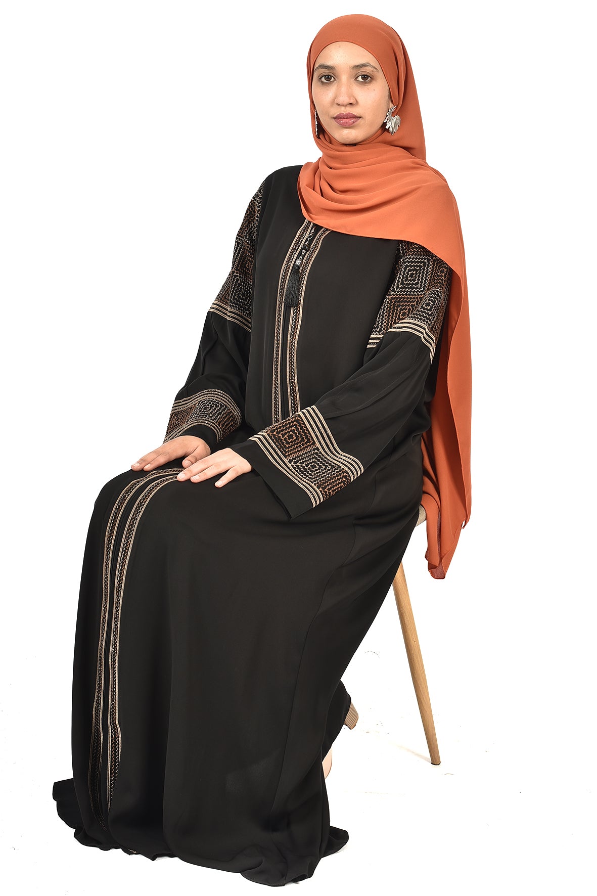 Black Abaya with Bronze Embroidery and Wide Sleeves ( ladies abaya )