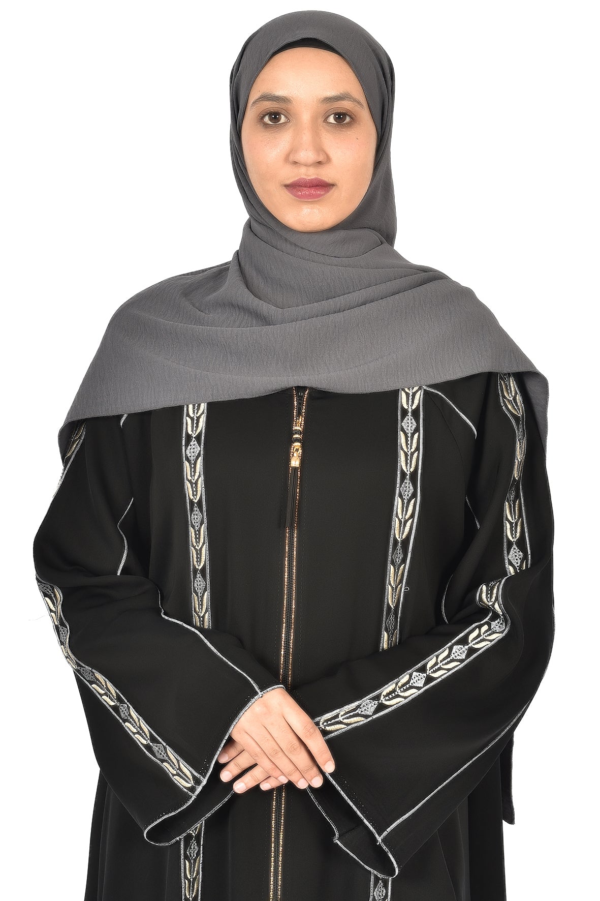 Black Abaya with Silver Leaf Embroidery and Zipper Front ( ladies abaya )