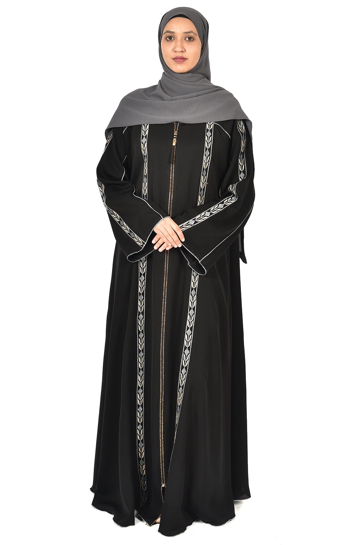 Black Abaya with Silver Leaf Embroidery and Zipper Front ( ladies abaya )