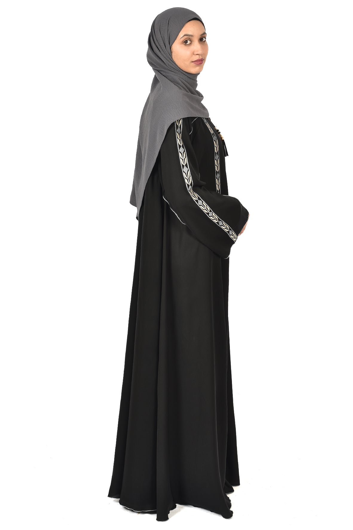 Black Abaya with Silver Leaf Embroidery and Zipper Front ( ladies abaya )