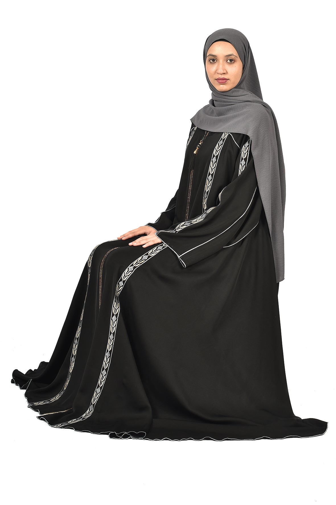 Black Abaya with Silver Leaf Embroidery and Zipper Front ( ladies abaya )