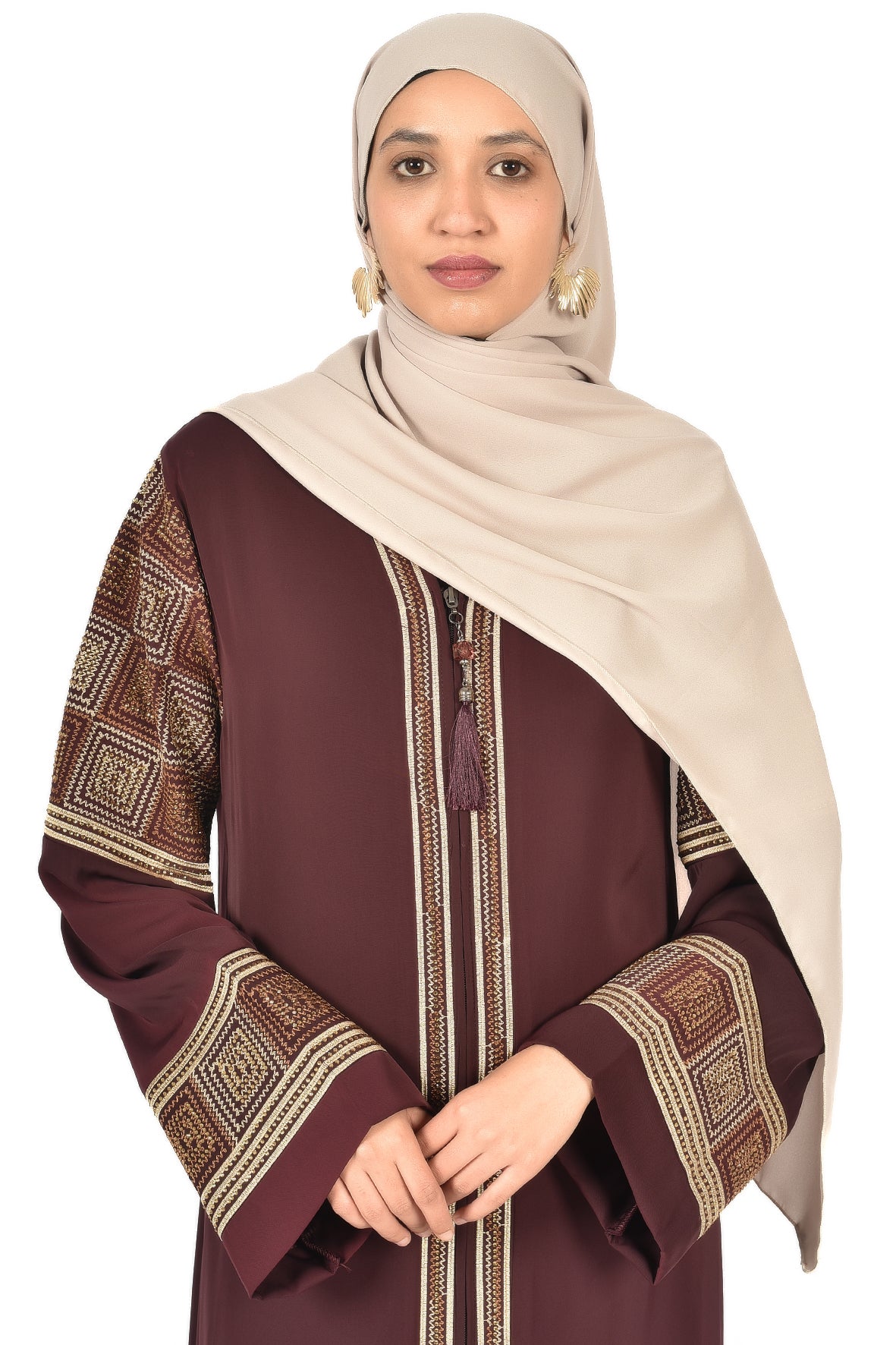 Maroon Abaya with Geometric Embroidery and Tassel Accent (ladies abaya )