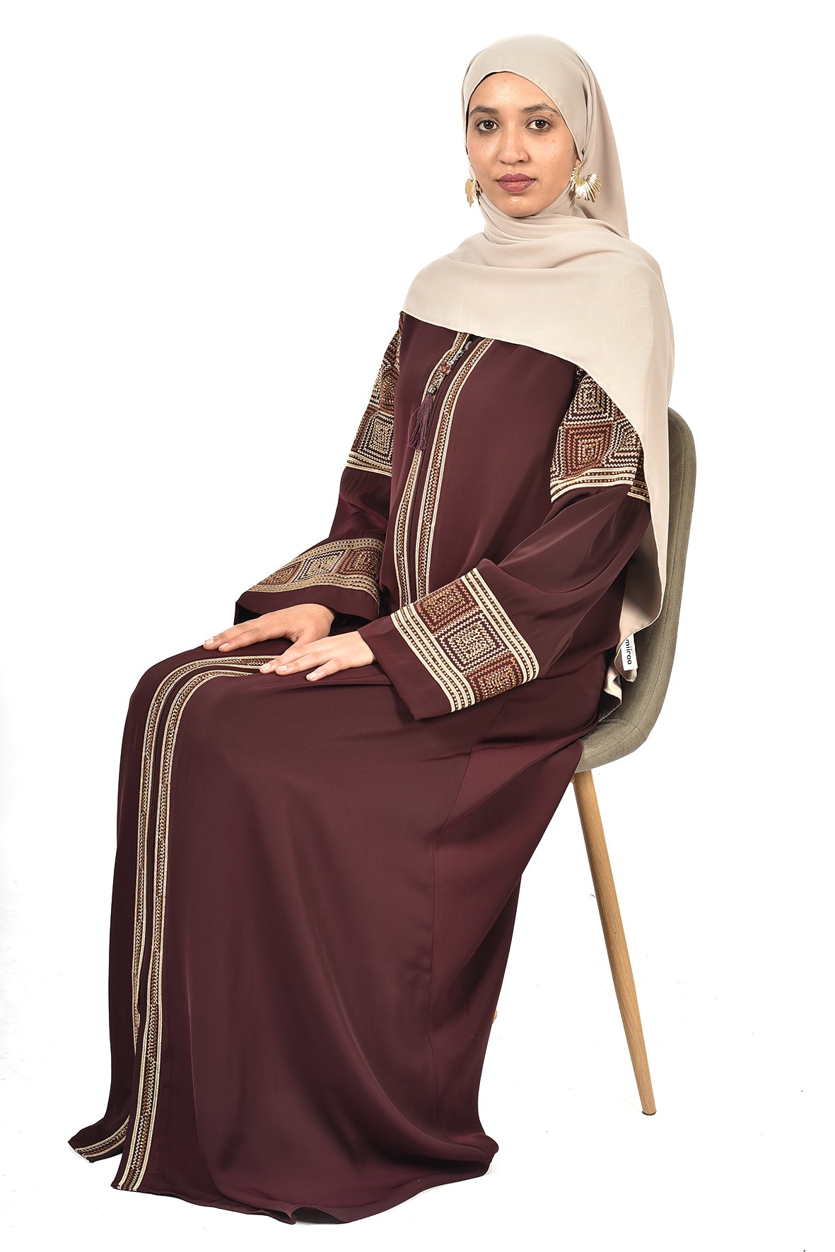 Maroon Abaya with Geometric Embroidery and Tassel Accent (ladies abaya )