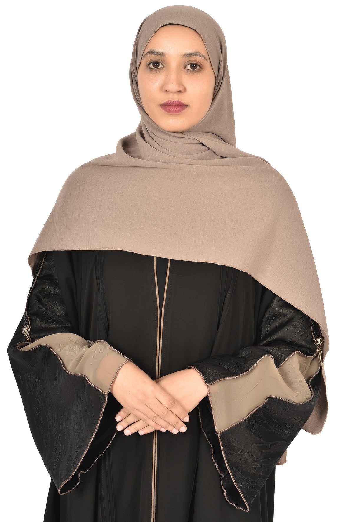 Black Abaya with Glossy Beige Cuff Accents ( ladies abaya )
