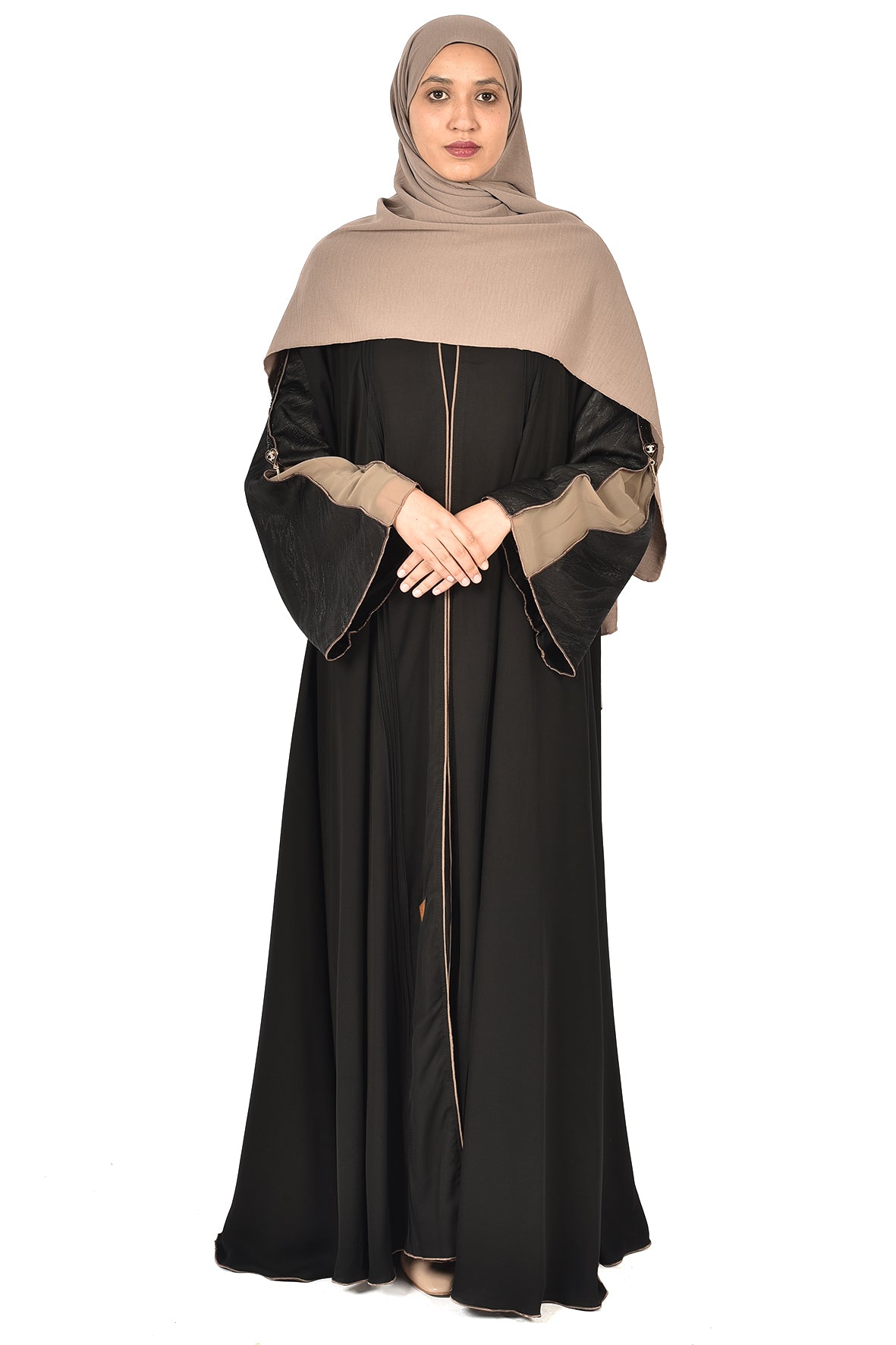Black Abaya with Glossy Beige Cuff Accents ( ladies abaya )