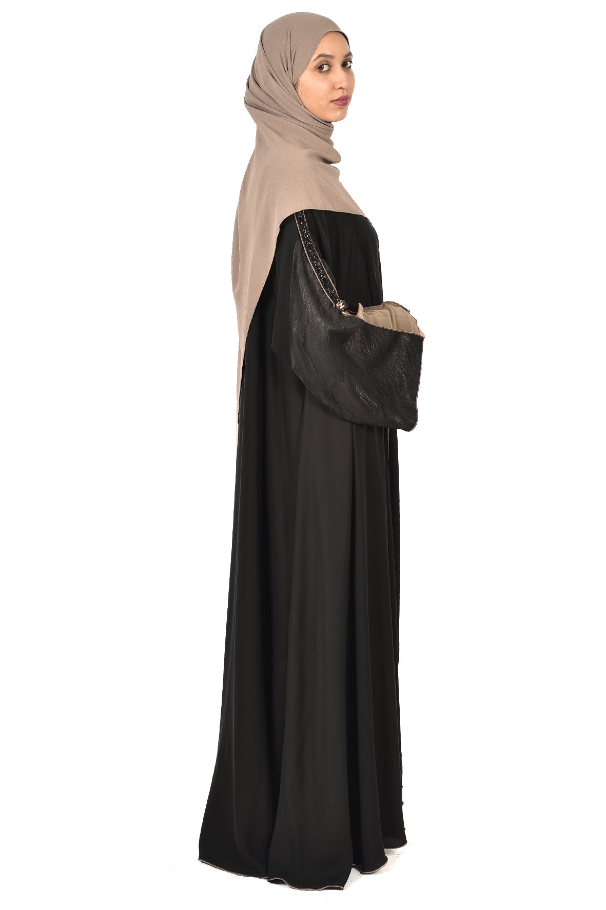 Black Abaya with Glossy Beige Cuff Accents ( ladies abaya )