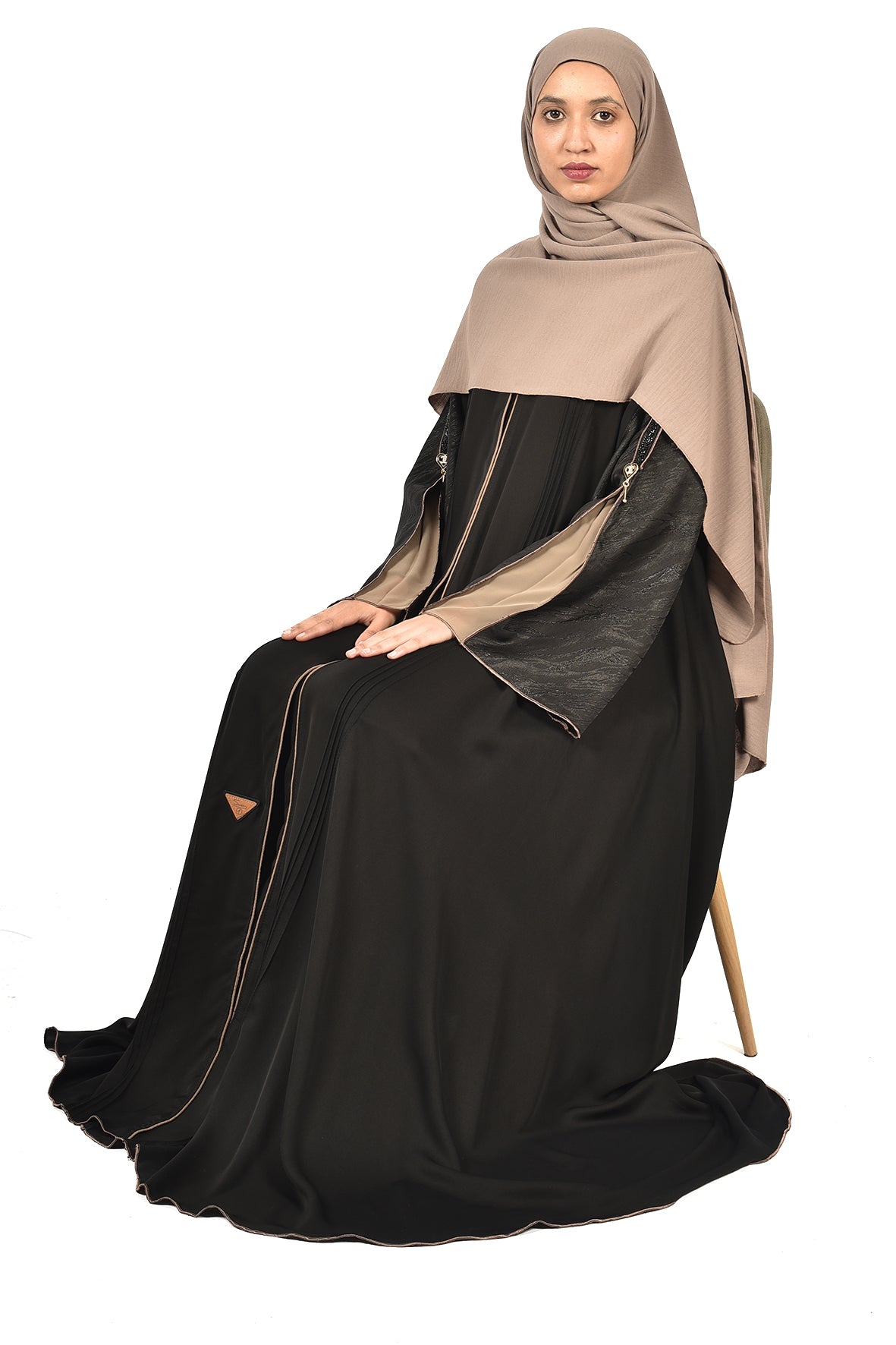 Black Abaya with Glossy Beige Cuff Accents ( ladies abaya )