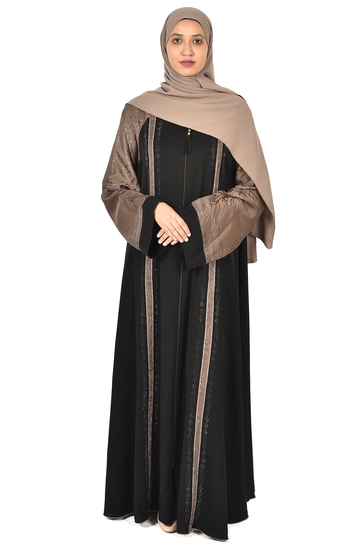 Black Abaya with Embellished Sleeves & Shimmering Front Panel ( ladies abaya )