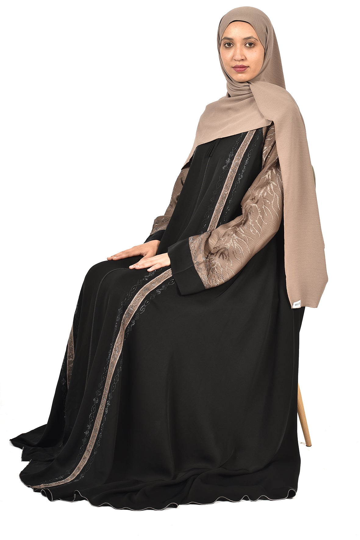 Black Abaya with Embellished Sleeves & Shimmering Front Panel ( ladies abaya )