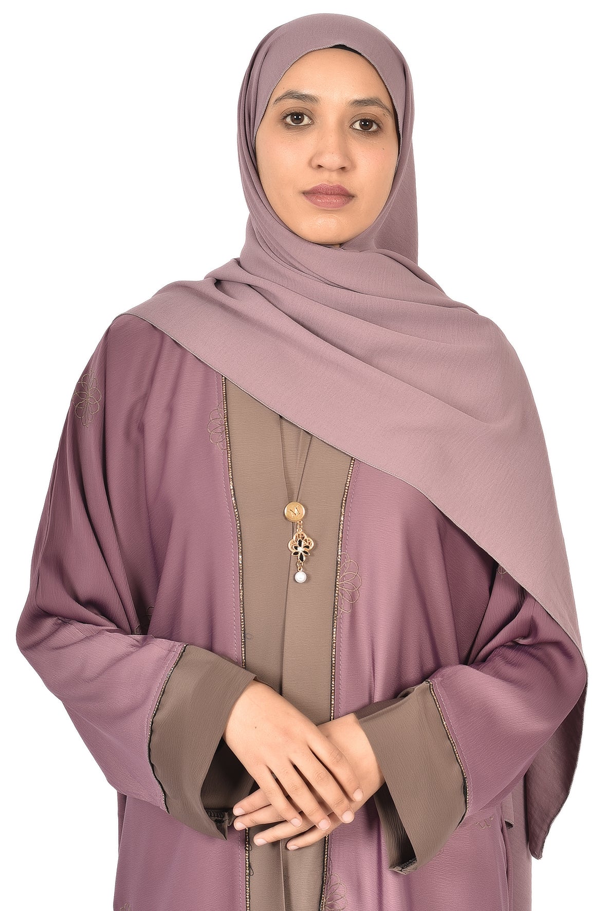 Mauve Abaya with Subtle Floral Embroidery & Taupe Accents ( ladies abaya )