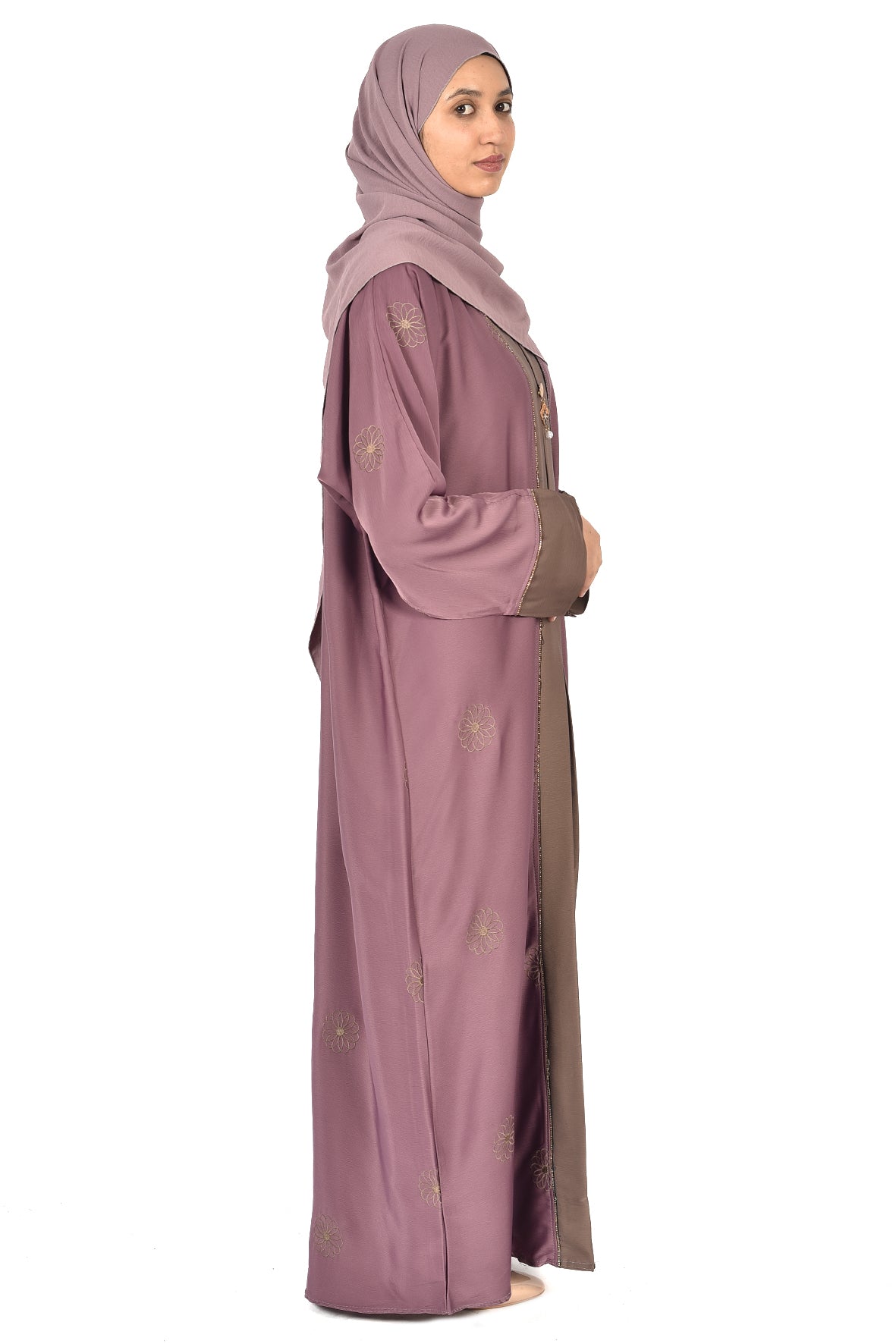 Mauve Abaya with Subtle Floral Embroidery & Taupe Accents ( ladies abaya )