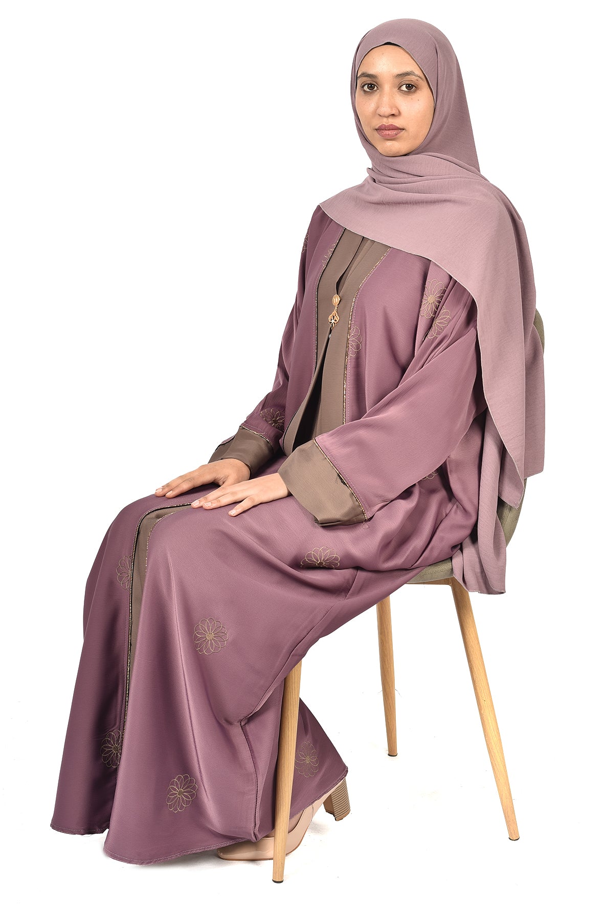 Mauve Abaya with Subtle Floral Embroidery & Taupe Accents ( ladies abaya )