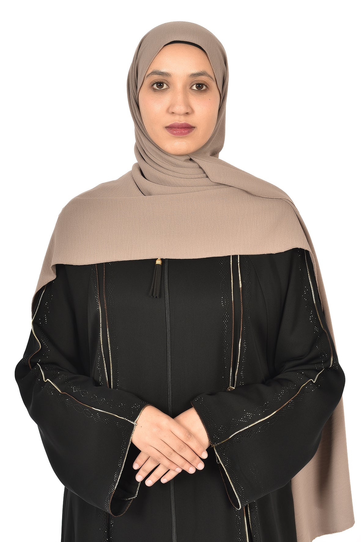 Elegant Black Abaya with Gold Piping & Subtle Sequin Accents ( ladies abaya )