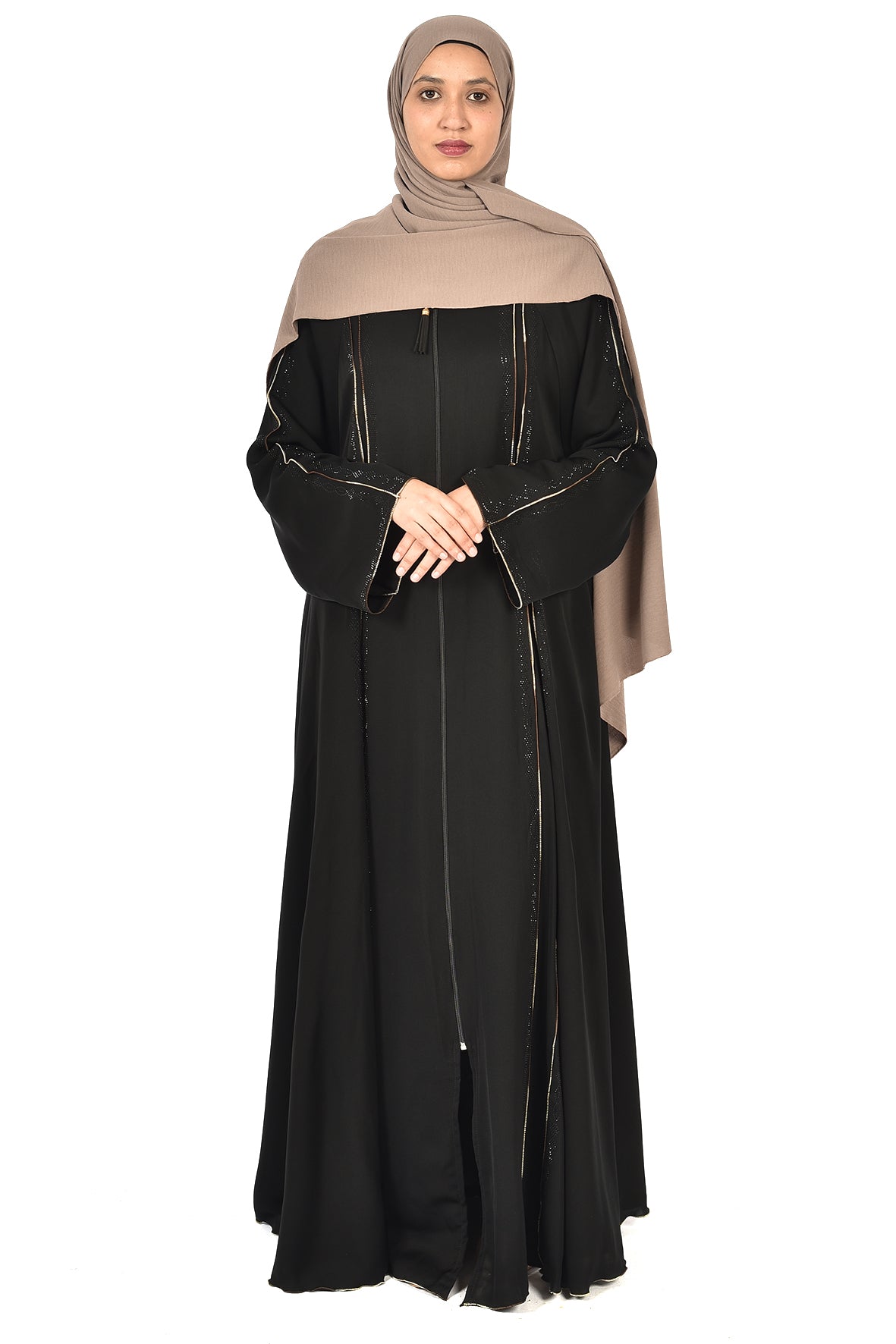 Elegant Black Abaya with Gold Piping & Subtle Sequin Accents ( ladies abaya )