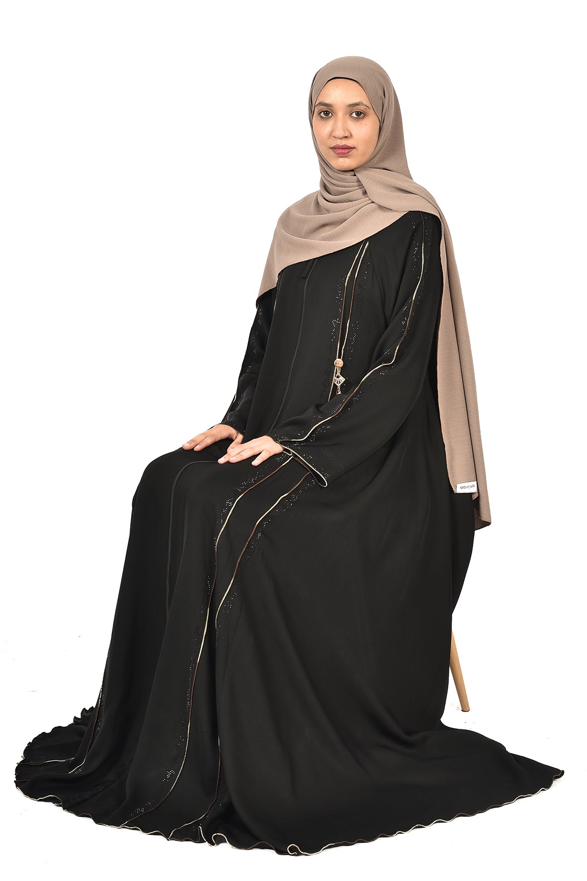 Elegant Black Abaya with Gold Piping & Subtle Sequin Accents ( ladies abaya )