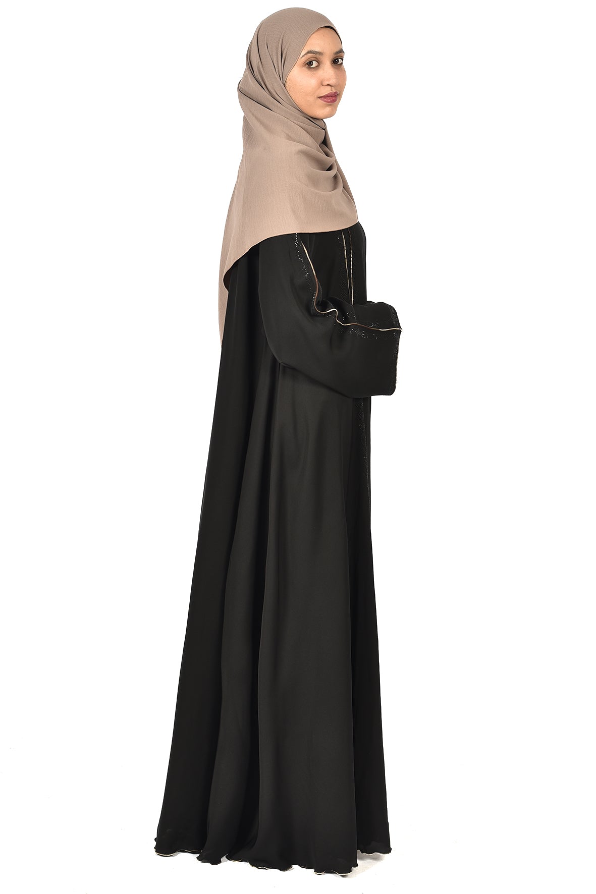 Elegant Black Abaya with Gold Piping & Subtle Sequin Accents ( ladies abaya )