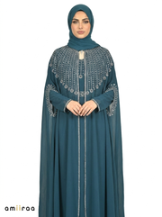 Reflecting Pond Elegant Embellished Open Abaya with Sheer Cape