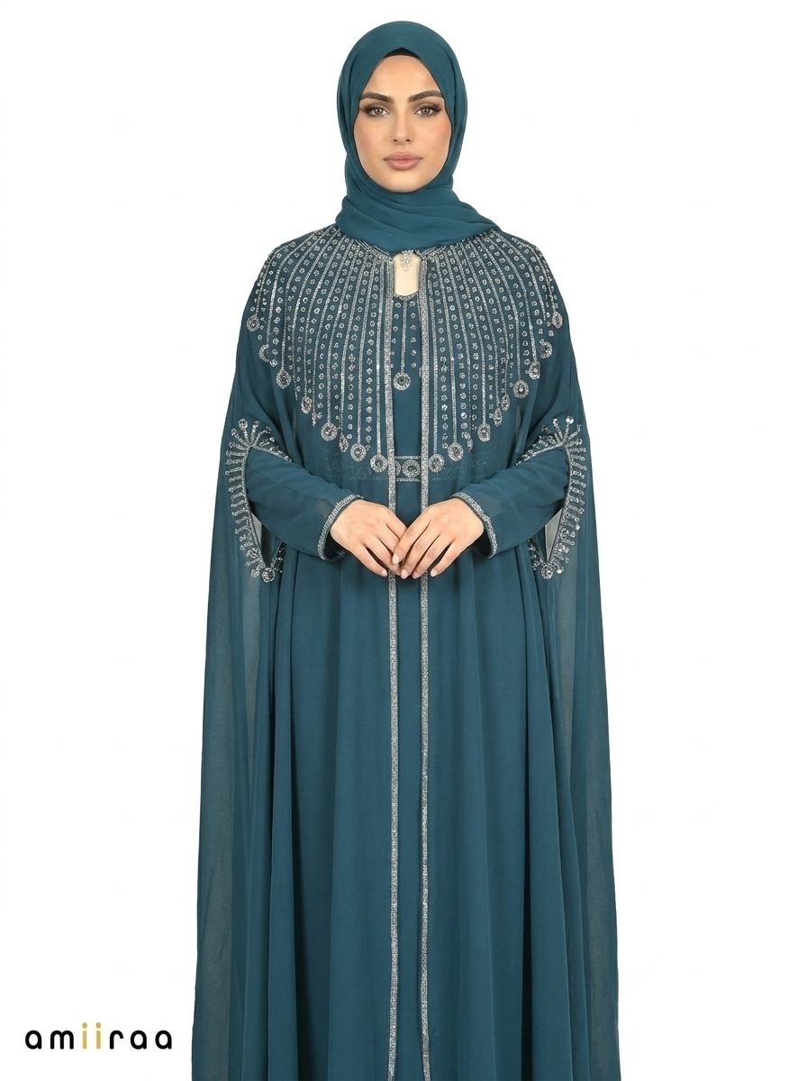 Reflecting Pond Elegant Embellished Open Abaya with Sheer Cape
