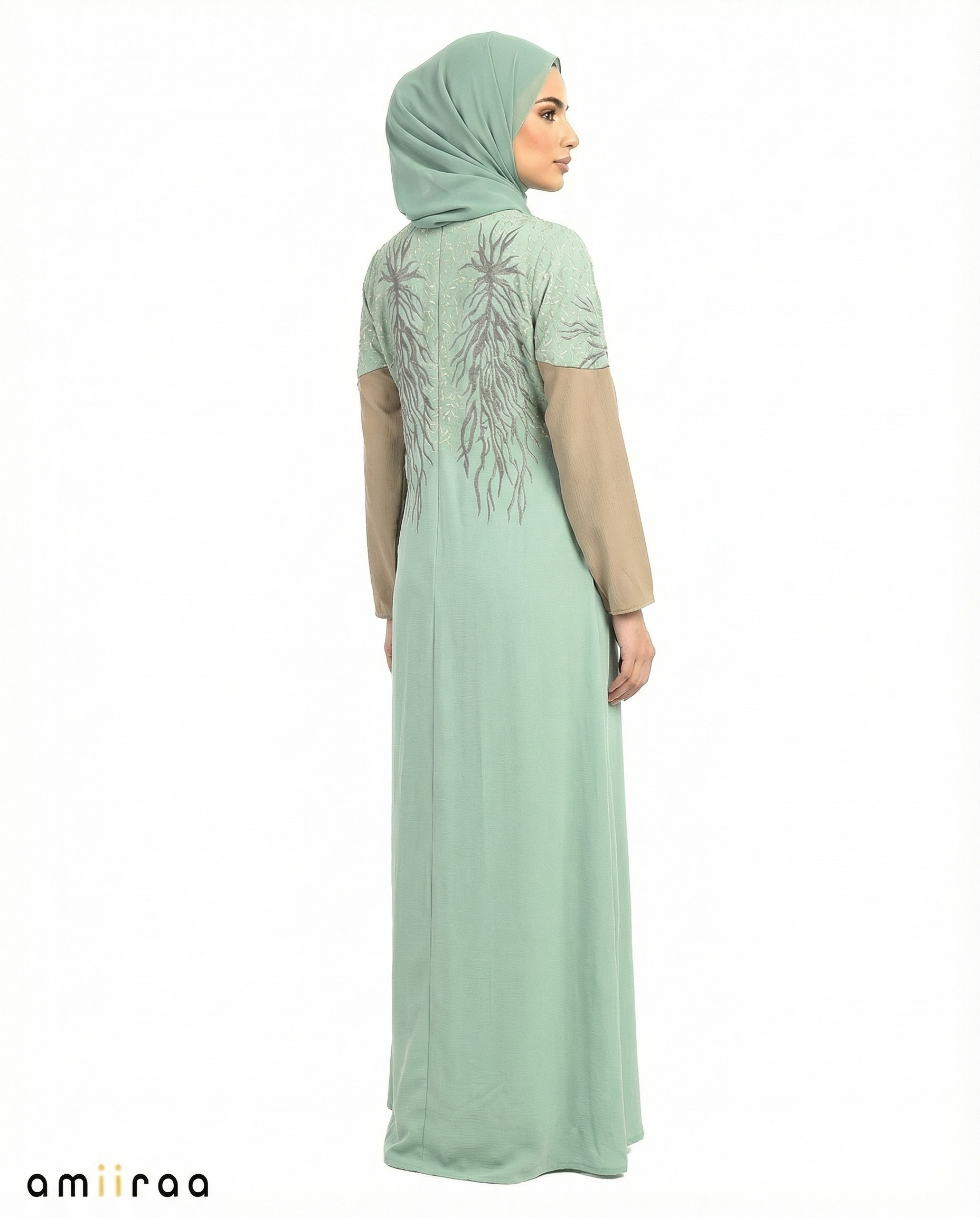 Oil Blue Detailed Elegant Embroidered Abaya