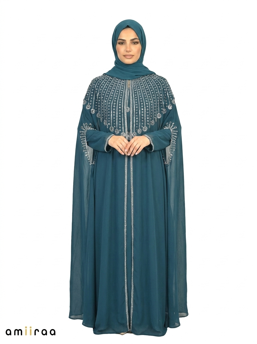 Reflecting Pond Elegant Embellished Open Abaya with Sheer Cape