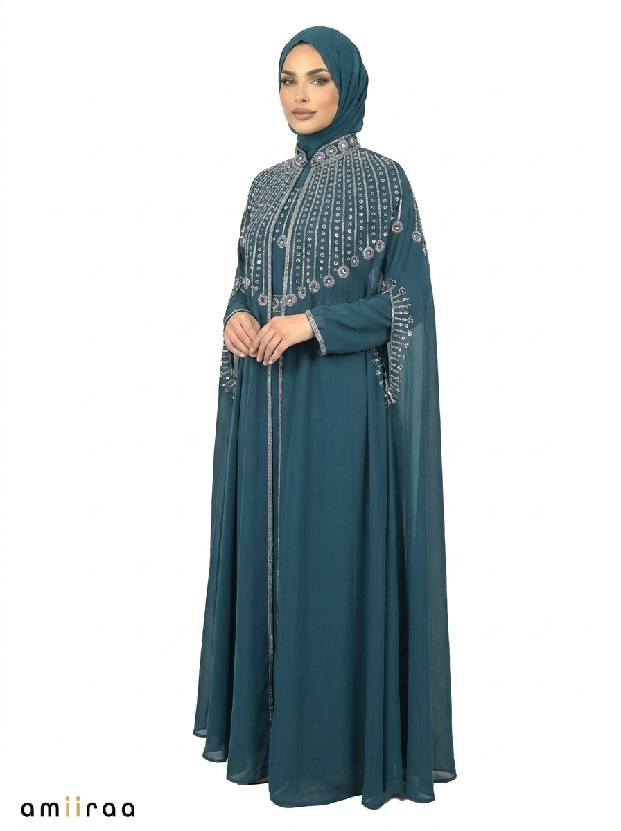 Reflecting Pond Elegant Embellished Open Abaya with Sheer Cape