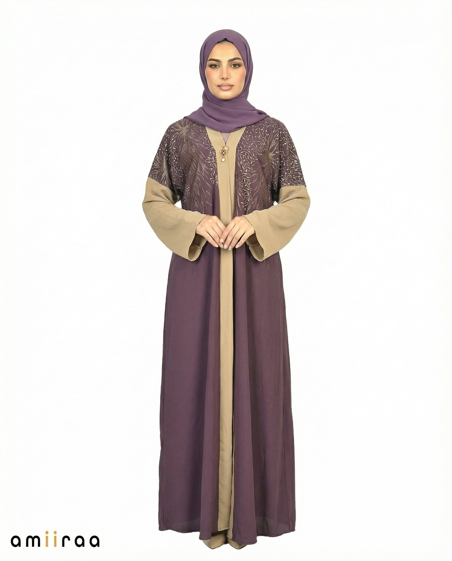 Lavender Crystal Detailed Elegant Embroidered Abaya