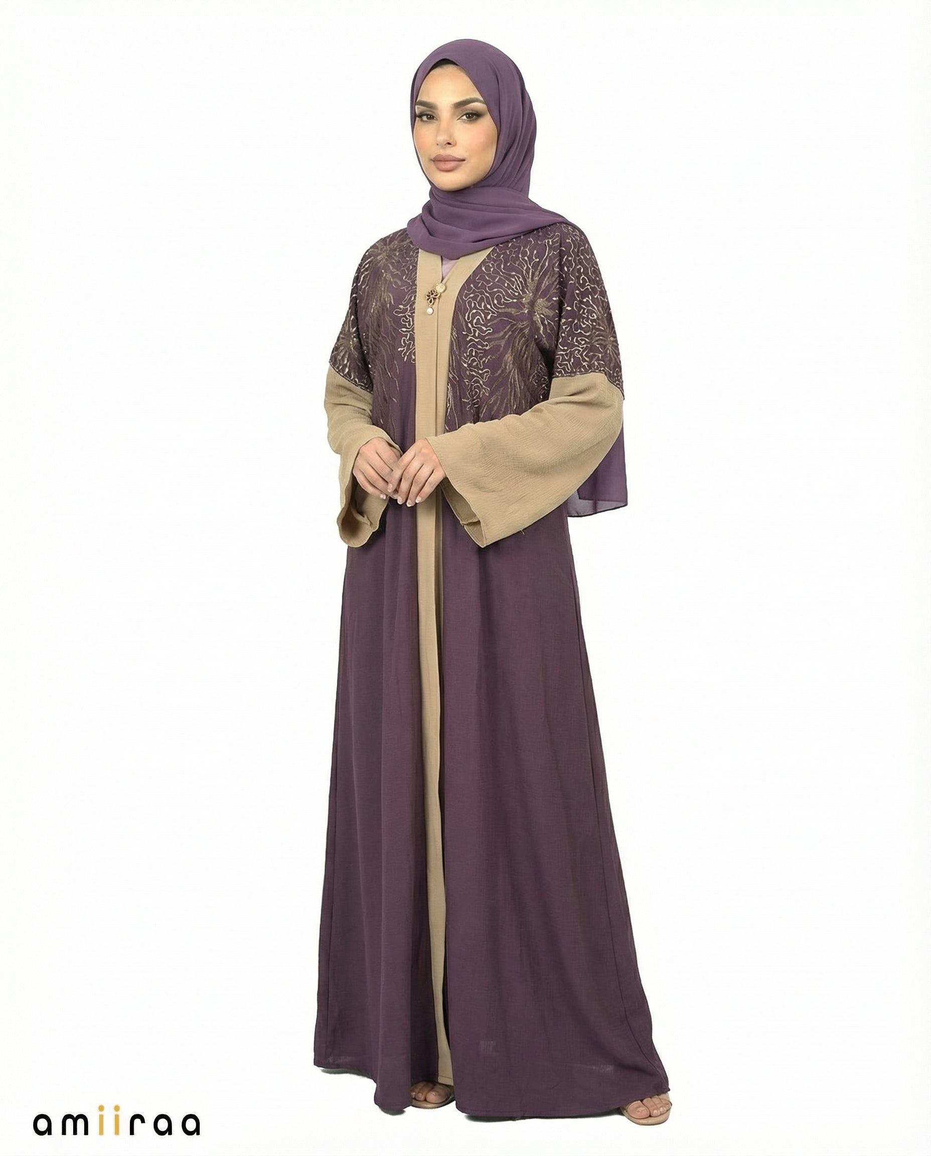 Lavender Crystal Detailed Elegant Embroidered Abaya