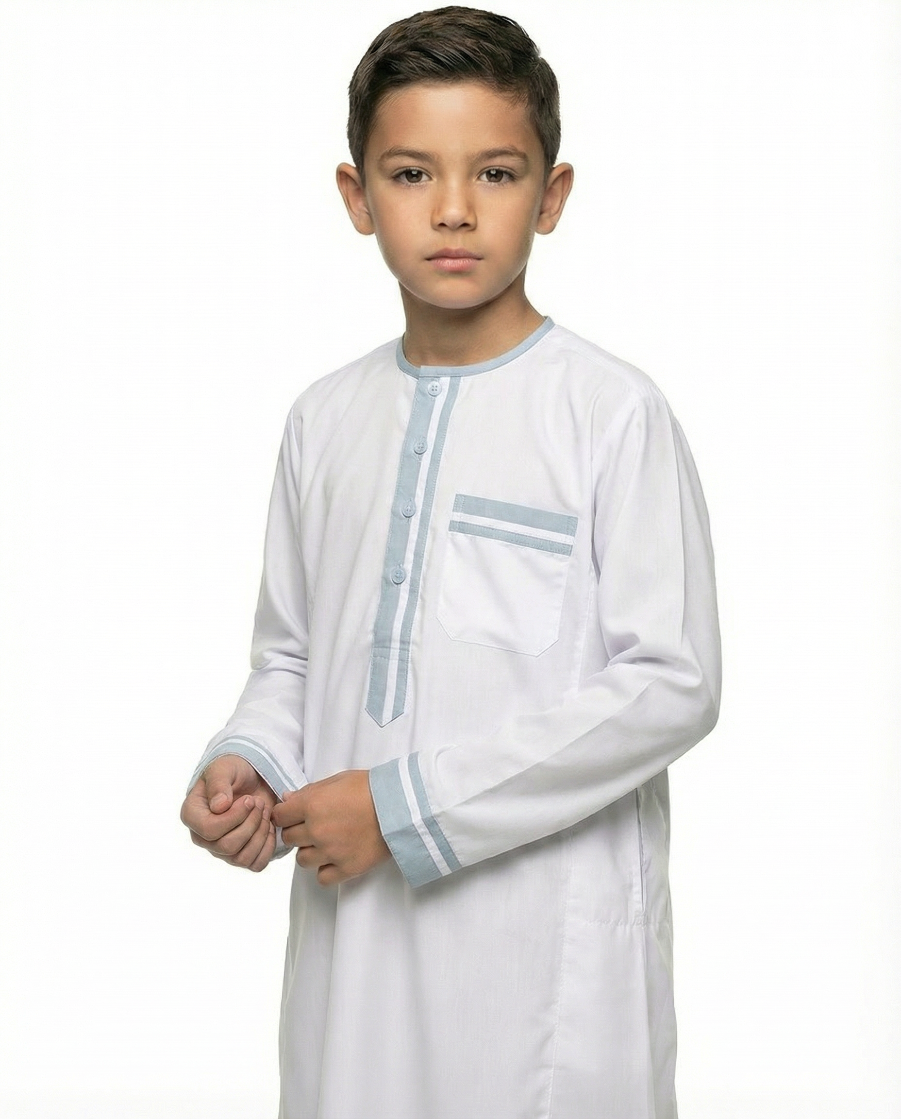 Brilliant White Contrast Trim Button Thobe with Chest Pocket