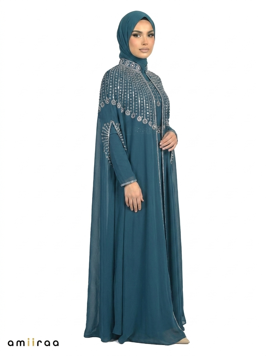 Reflecting Pond Elegant Embellished Open Abaya with Sheer Cape