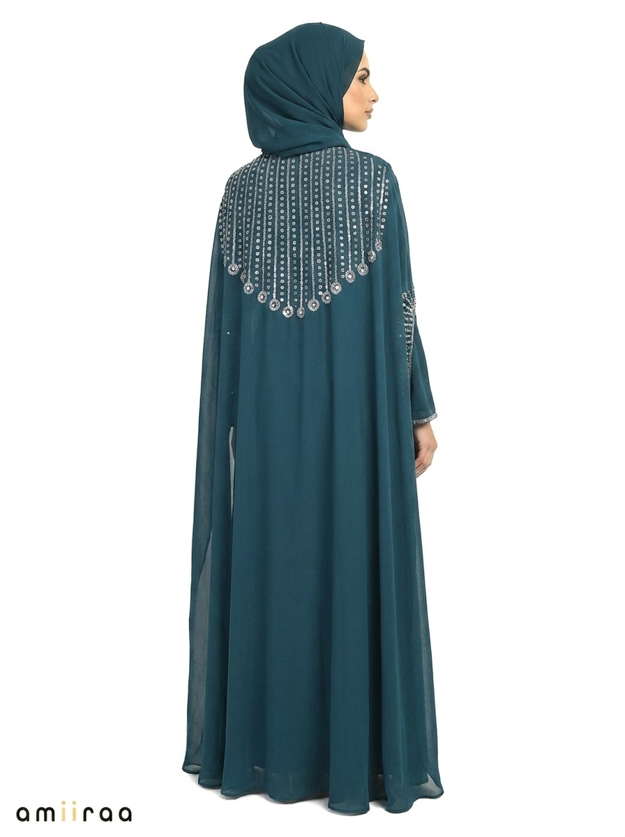 Reflecting Pond Elegant Embellished Open Abaya with Sheer Cape