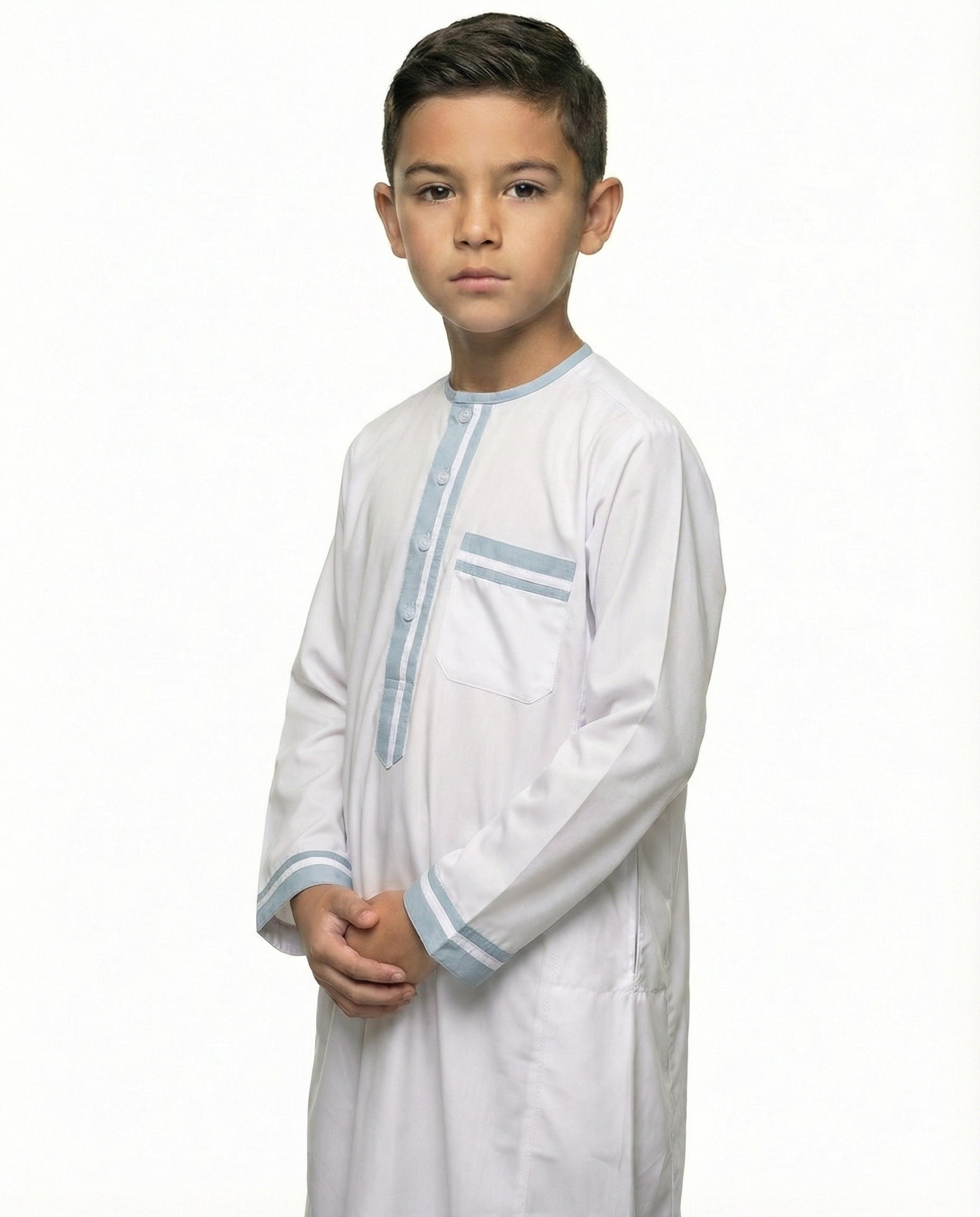 Brilliant White Contrast Trim Button Thobe with Chest Pocket