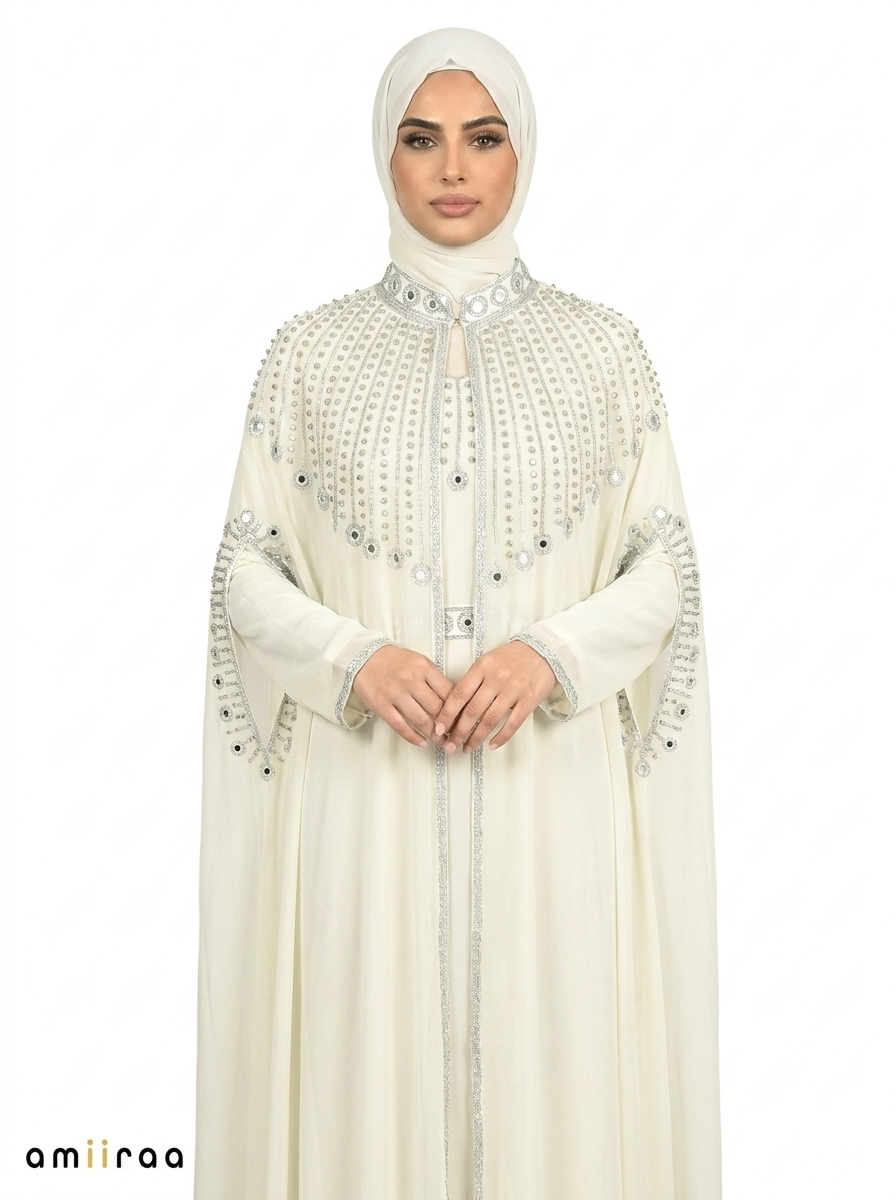 Canary Green Elegant Embellished Open Abaya with Sheer Cape