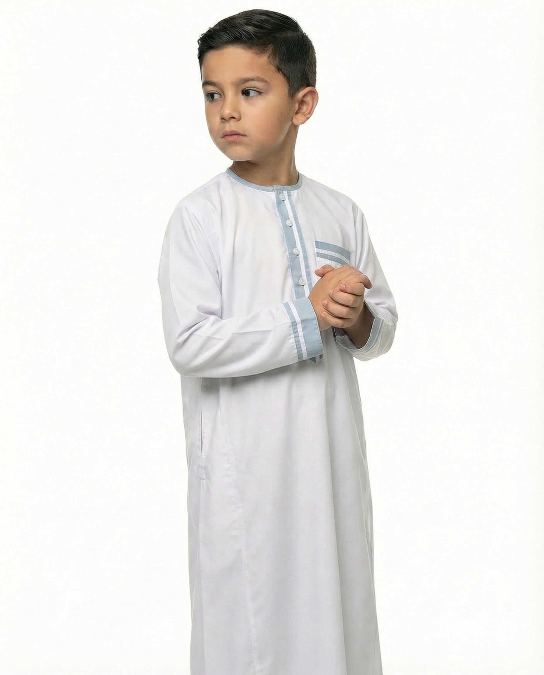 Brilliant White Contrast Trim Button Thobe with Chest Pocket
