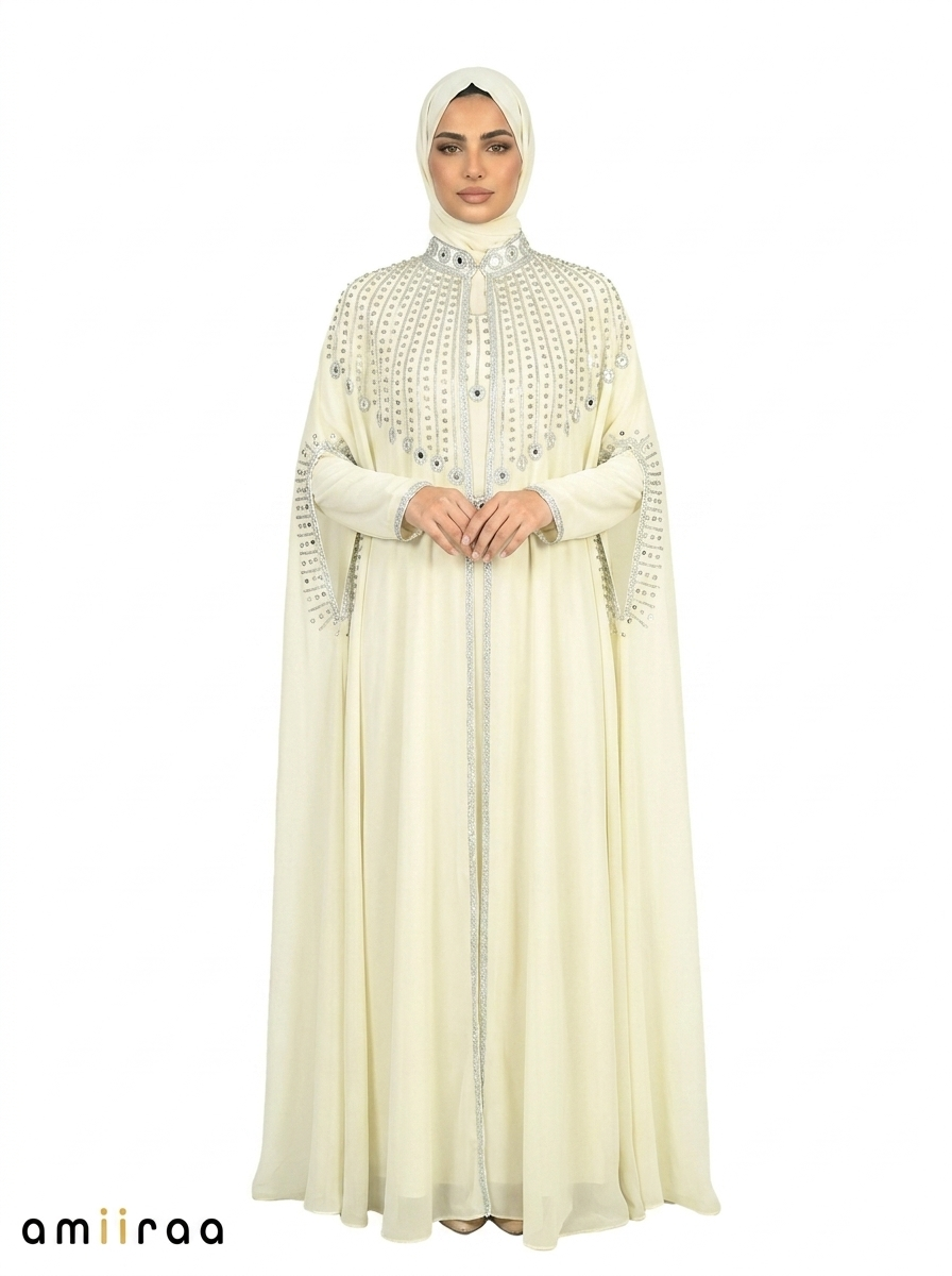 Canary Green Elegant Embellished Open Abaya with Sheer Cape
