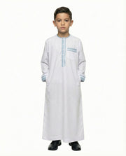 Brilliant White Contrast Trim Button Thobe with Chest Pocket