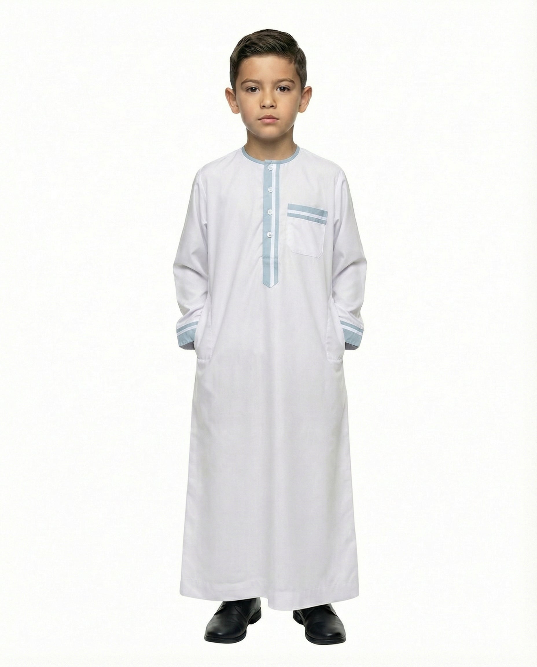 Brilliant White Contrast Trim Button Thobe with Chest Pocket