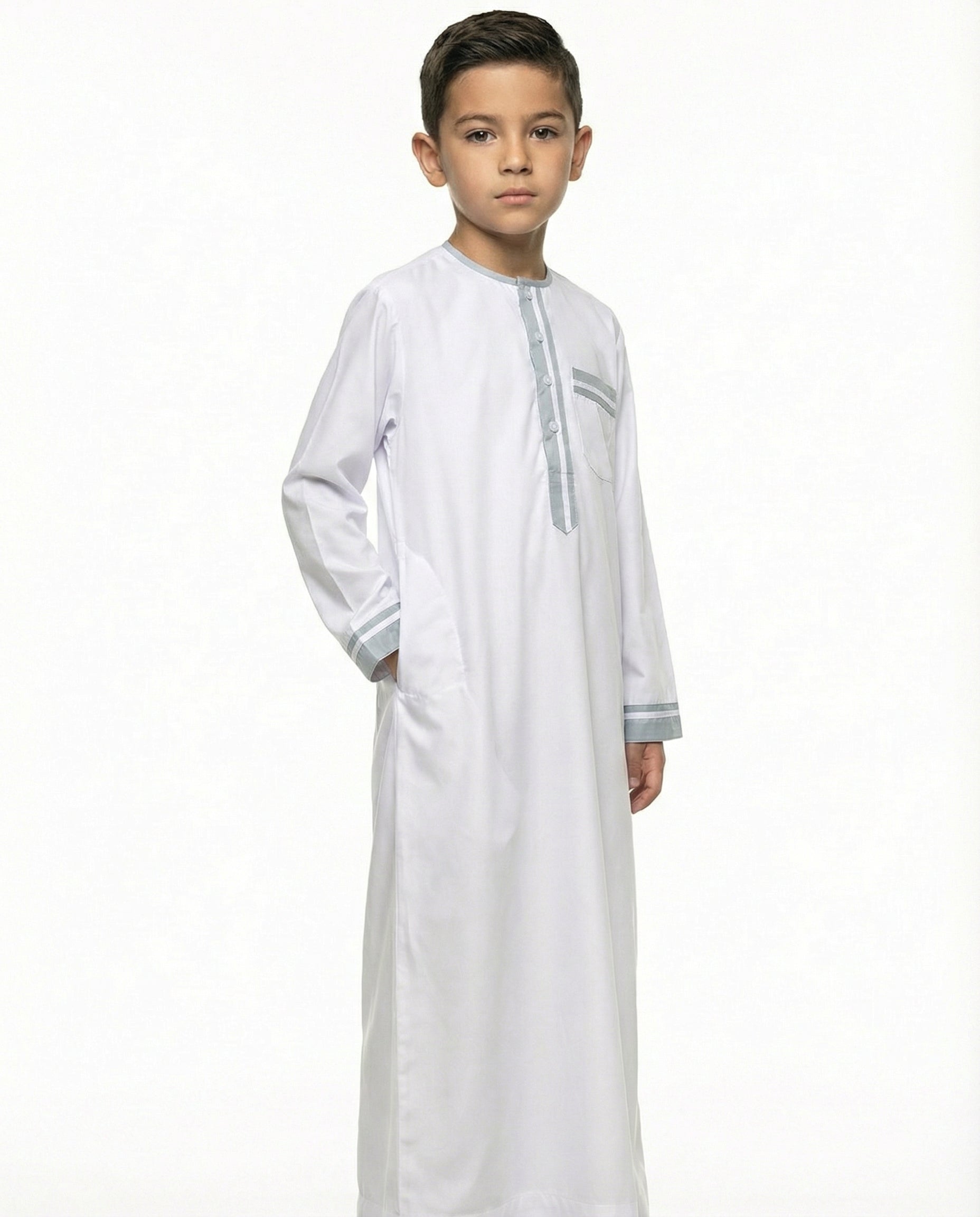 Brilliant White Contrast Trim Button Thobe with Chest Pocket