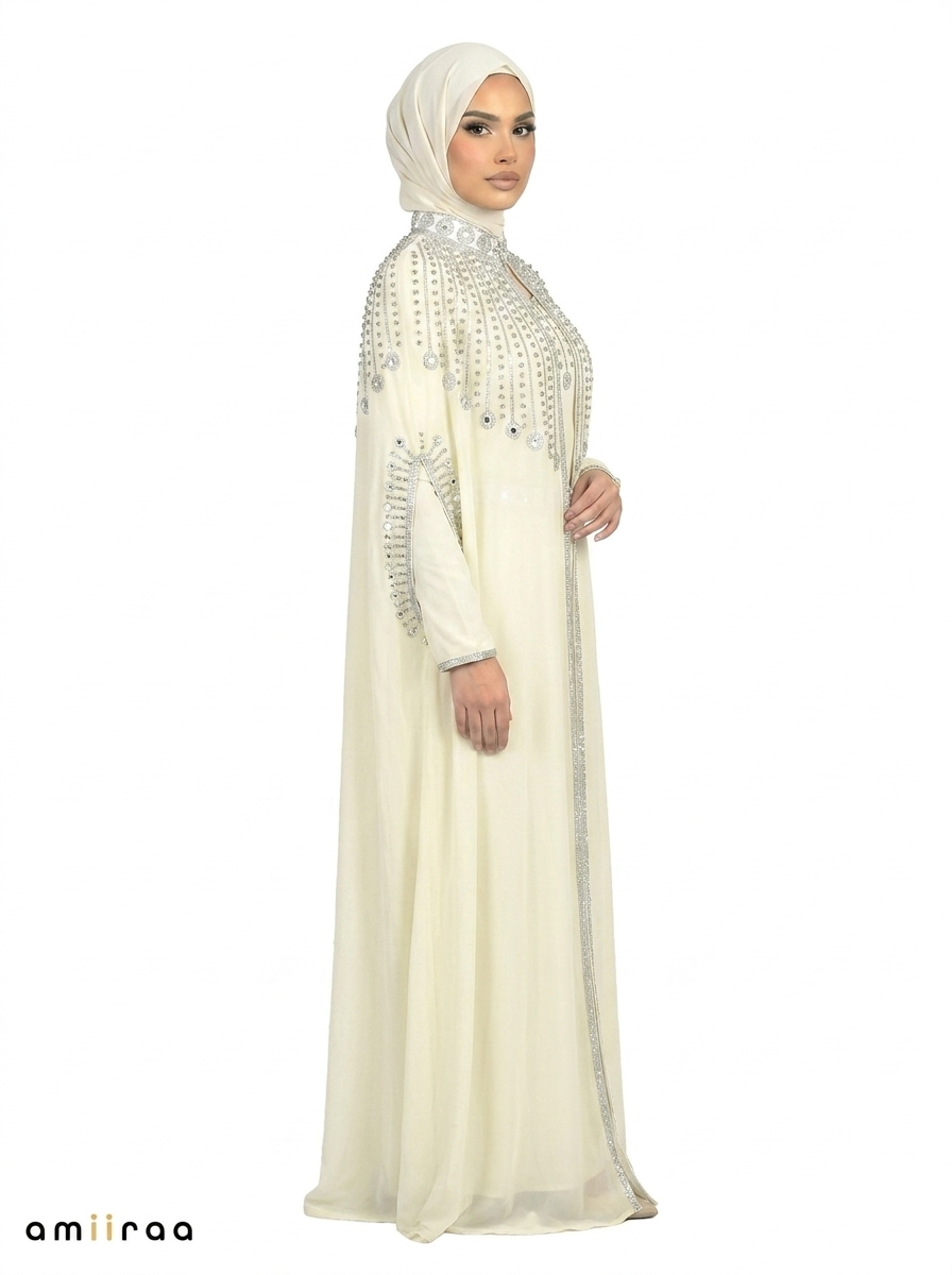 Canary Green Elegant Embellished Open Abaya with Sheer Cape