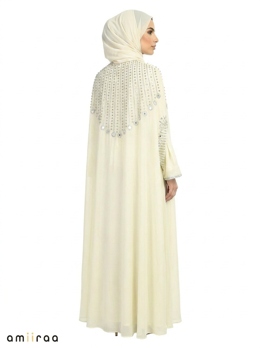 Canary Green Elegant Embellished Open Abaya with Sheer Cape