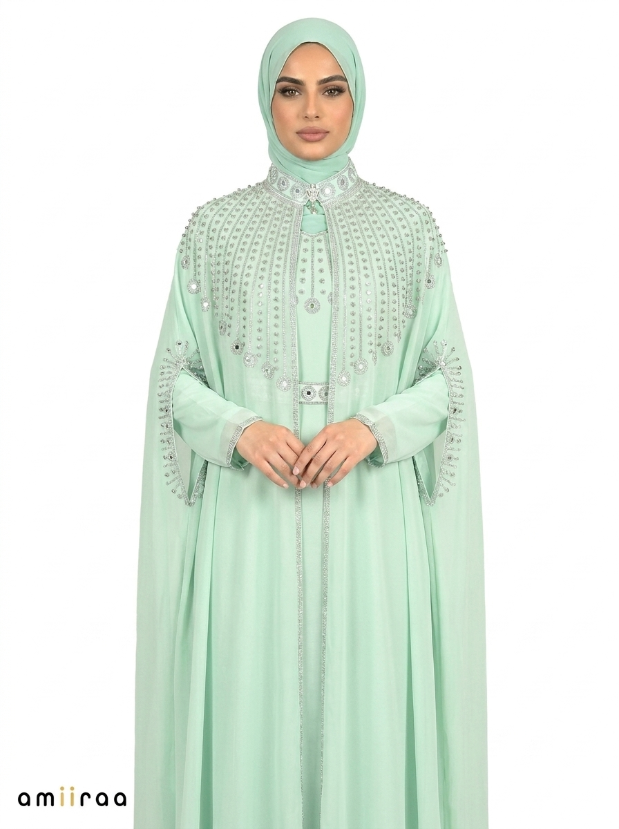 Lichen Elegant Embellished Open Abaya with Sheer Cape