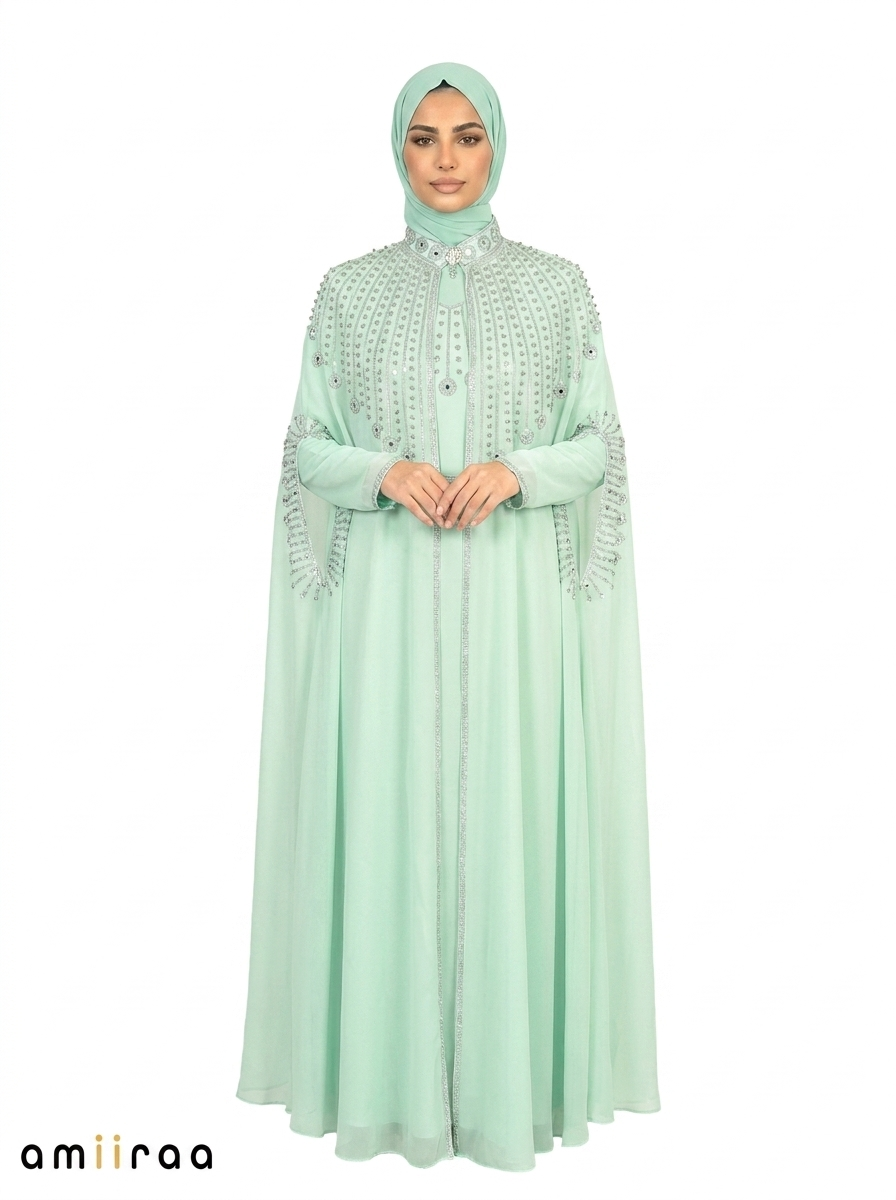 Lichen Elegant Embellished Open Abaya with Sheer Cape